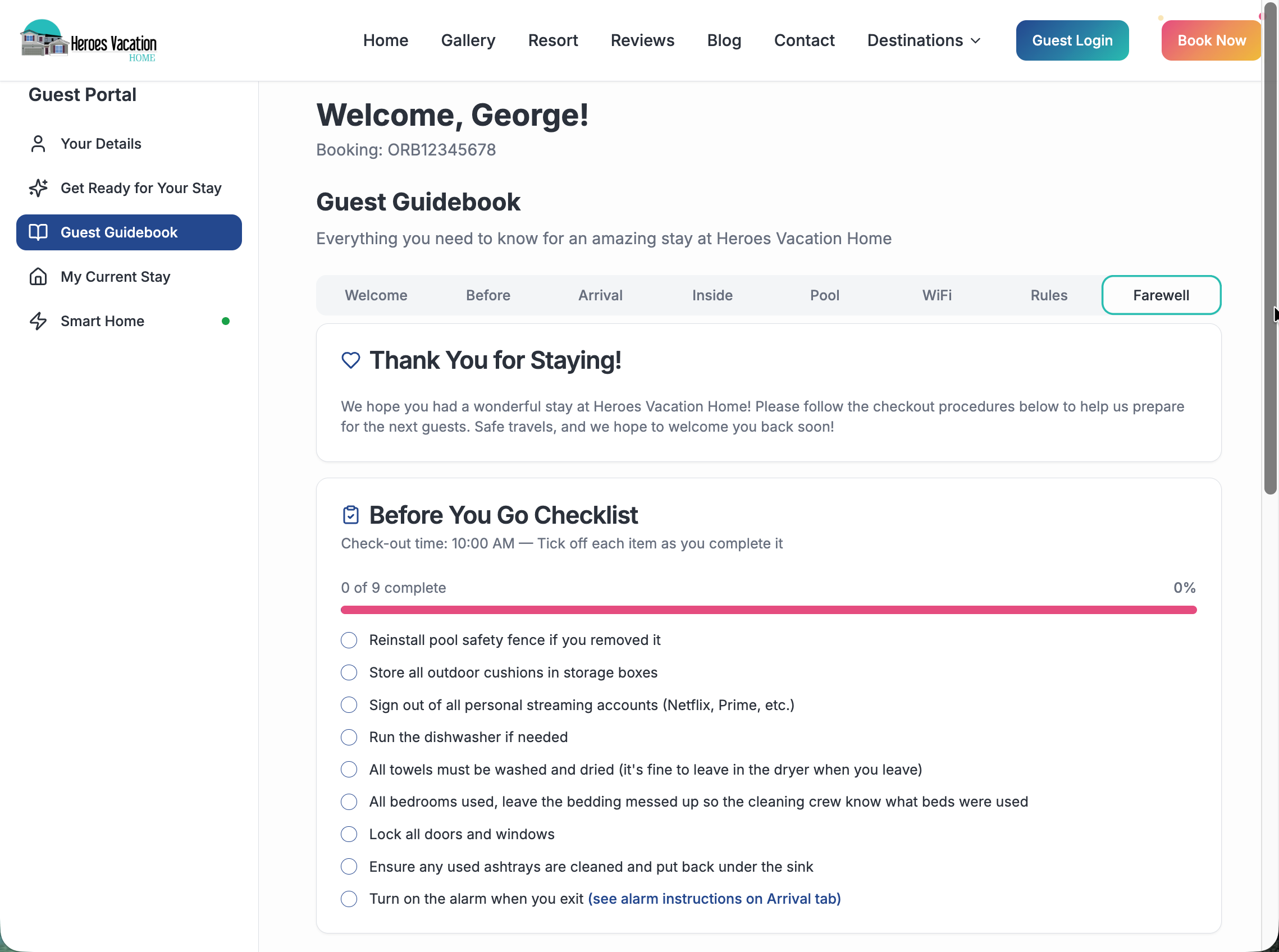 Heroes Vacation Home checkout checklist