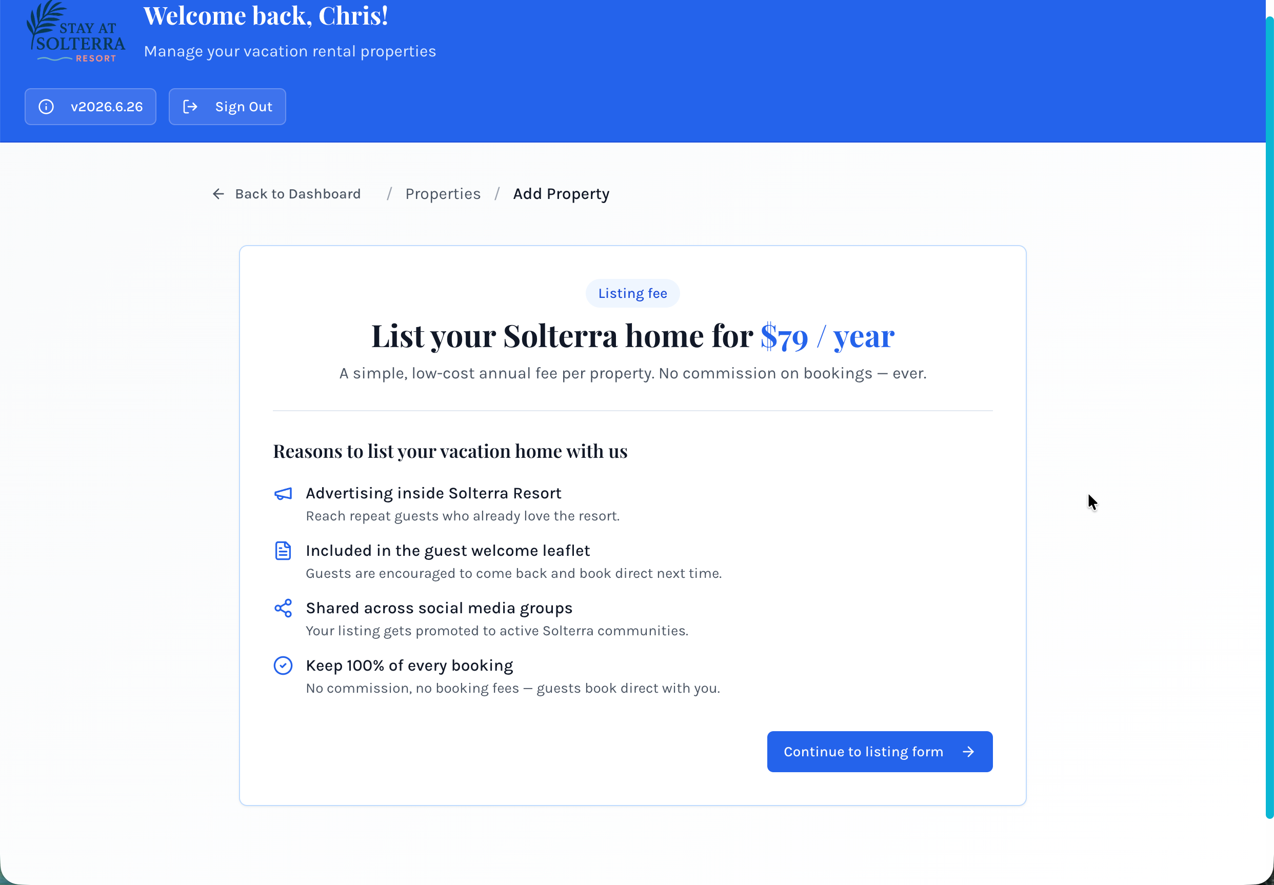 Listing fee subscription screen — $79 per year